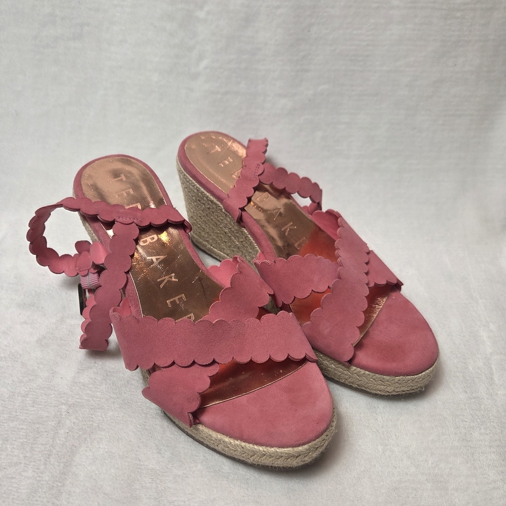 Ted Baker London Pink Leather Strappy Scalloped Wedge Sandals - Picture 2 of 7